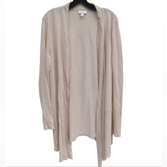 J. Jill Love Linen Cream/Tan Open-Front Cardigan Medium Tall Lightweight - Picture 1 of 6